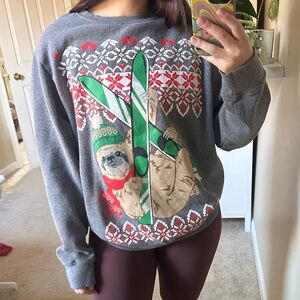 Gray Sloth Skiing Christmas Crewneck